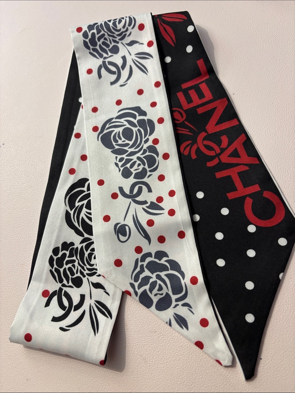 Black White and Red Floral & Polka Dot Silk Scarf